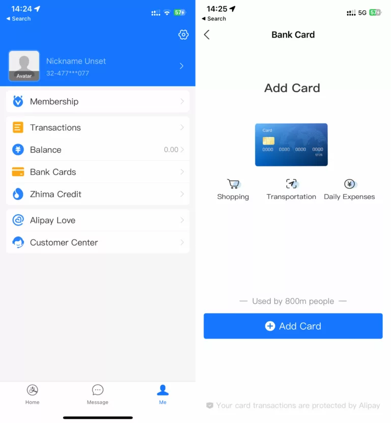 Alipay Me tab Bank Cards and Add Card screens